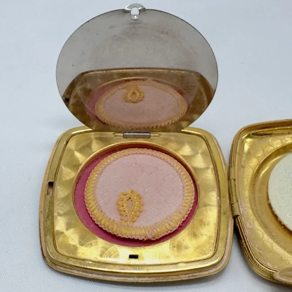 Vintage Gold Tone Powder Double Compact Mirror Mid Century Vanity